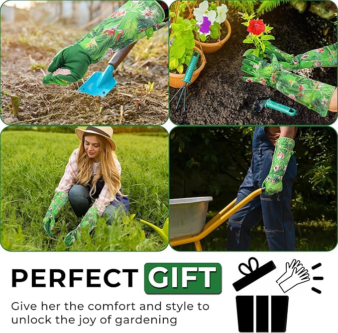 HANDLANDY Women Gardening Gloves, Scratch Resistant Breathable Ladies Rose Pruning Long Gauntlet Floral Print Garden Yard Gloves, Gift for Gardeners (Grass Green, M)