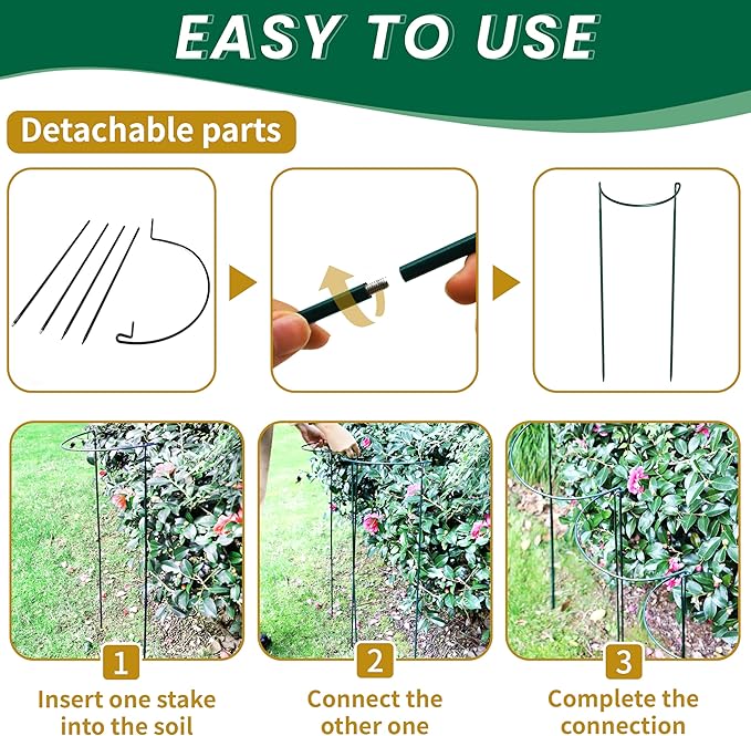 6-Pack Garden Plant Support Cages,14"Diax32"H Heavy Duty Interlinked Half Round Peony Support Rings,Metal Plant Support Stakes for Peony,Tomato,Hydrangea,Rose,Indoor & Outdoor Garden Plant Supports
