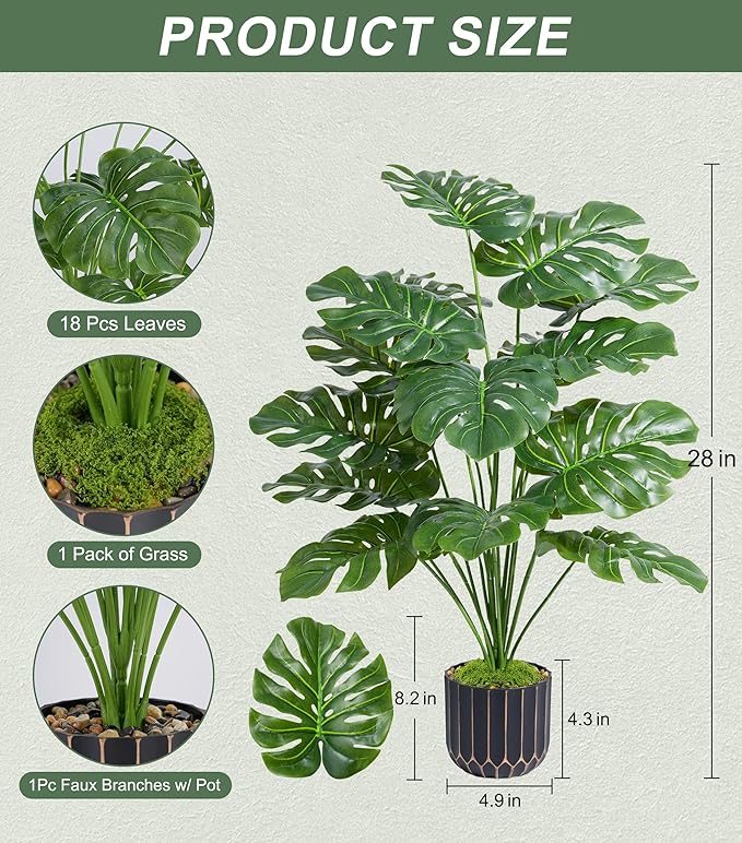 florisso 28" Artificial Monstera Plant Tall Fake Faux Plants Indoor Outdoor Tree for Living Room Home House Decoration