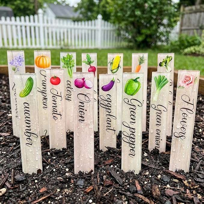 Prudance 14Pcs Acrylic Garden Plant Markers,Faux Wood Pattern Vegetable Stakes,Weatherproof Plant Labels with Printed Images and Names for Indoor Pots,Raised Beds and Outdoor Gardening 5.9x1inch