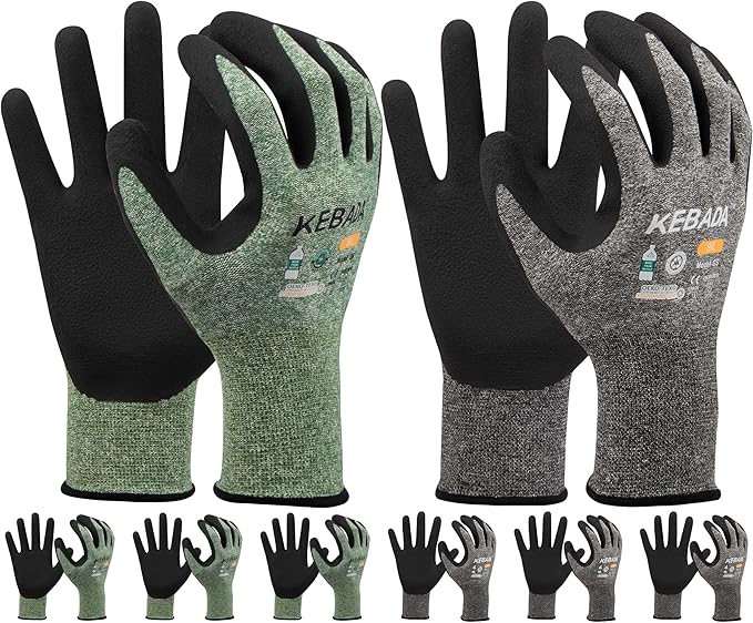 Kebada Gardening Gloves for Men, 6 Pairs Breathable Garden Gloves, Foam Latex Coated, Stretchable Knitting General Duty Work Gloves, Made from Recycled PET Bottles,Green & Gray, Large