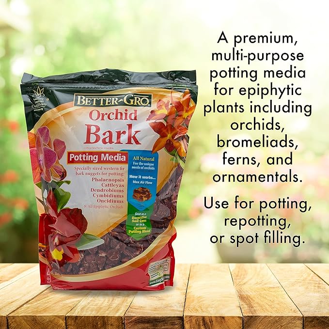 Better-Gro Orchid Bark - Premium Grade Orchid Potting Medium for Potting, Repotting, Root Development, and Water Retention, Ideal for Phalaenopsis, Epiphytic Orchids, and Tropical Plants - 4 Quarts