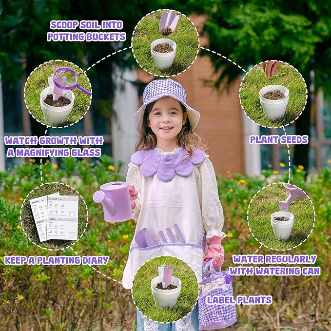 ROBOTIME Kids Gardening Set, 17PCS Toddler Gardening Tools, Toddler Gardening Set with Apron, Hat, Gloves, Watering Can & Tool Bag – Outdoor Play Garden Kit for Kids for Hands-On Learning (Purple )
