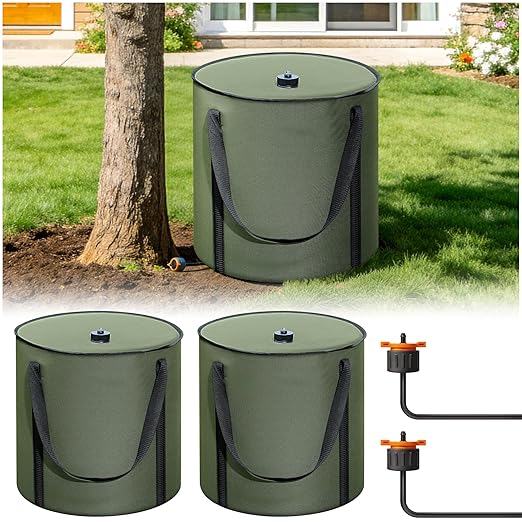 HIRALIY 15 Gallon Cylindrical Tree Watering Bag, 2 Pack, Slow Release 1-5 Days, Deep Root & Automatic Drip Irrigation System, for Multi-Trunk Newly Planted Small Trees and Shrubs