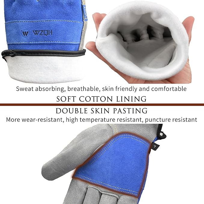 WZQH Leather Work Gloves for Men or Women. Medium Glove for Gardening, Tig/Mig Welding, Construction, Chainsaw, Farm, Ranch, etc. Cowhide, Cotton Lined, Utility, Firm Grip, Durable. Blue-Grey M