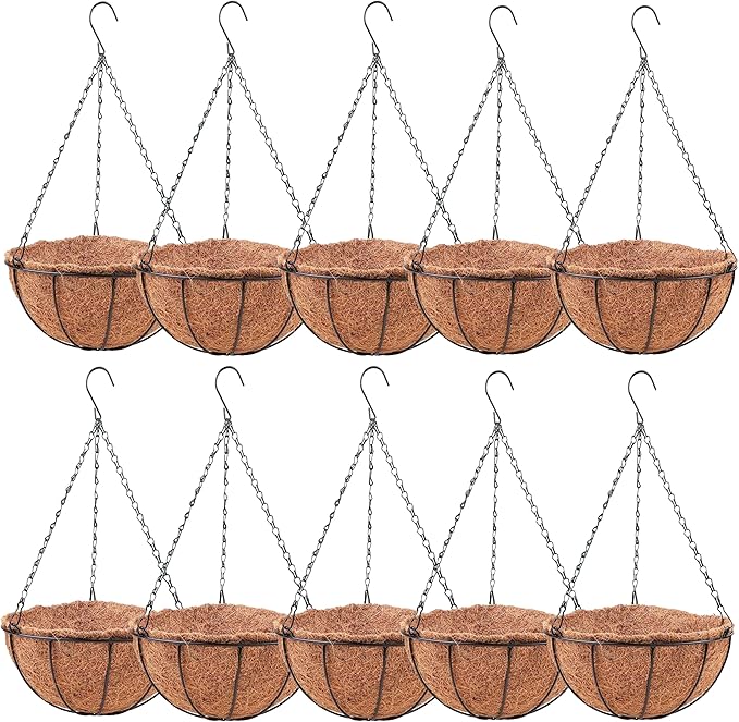 LaLaGreen Hanging Baskets for Plants Outdoor (10 Pack, 16 Inch) Extra Large Hanging Planter with Coco Liner, Round Metal Wire Flower Pot Holder Hanger Deck Porch Garden Balcony Natural Country Decor