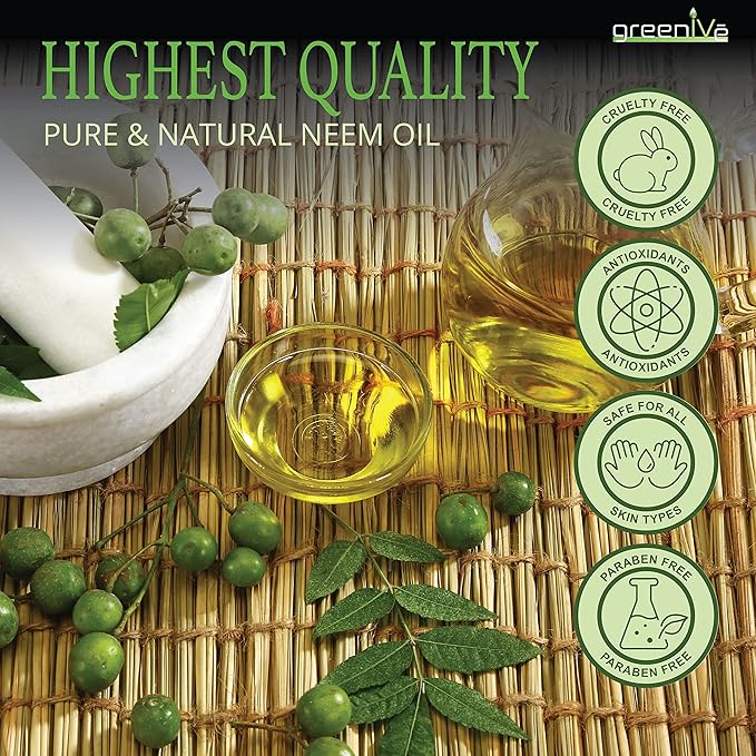GreenIVe 100% Organically Grown Neem Oil, Cold-Pressed Virgin, Pure & Natural, 32 oz - Ideal for Gardening, Skin Care, Hair Care & Pet Care