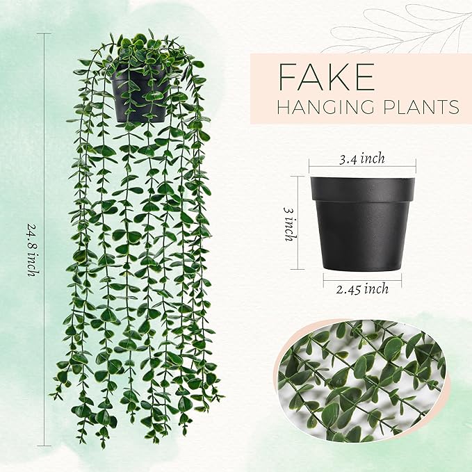 Der Rose 24.8'' Fake Hanging Plants Artificial Potted Eucalyptus Vine Plants Indoor and Outdoor for Office Home Living Room Bathroom Wall Shelf Decor (1Pack)