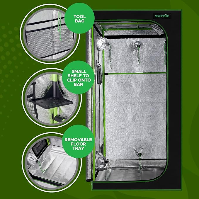 SereneLife Medium Hydroponic Grow Tent Garden-36'' x 36'' x 72'' Indoor Plant Growing System w/Durable Reflective 600D Mylar,Observation Window-Includes Removable Floor Tray,Pole Shelf
