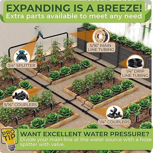 CARPATHEN Drip Irrigation System Kit - Complete Quick Connect Garden Watering System with Adjustable Sprinkler Emitters, 5/16" & 1/4" Tubing - Drip Line for Raised Beds, Greenhouse