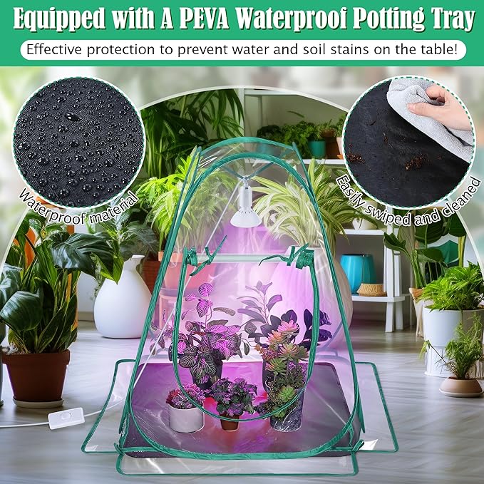 Meonum 1 Pack Mini Greenhouse with 10W 200 LED Grow Light Bulbs for Indoor, 27" x 27" x 30" Pop Up Small Greenhouse Cover with Bottom Waterproof Bottom Mat for Indoor Outdoor Plants Seed Starting