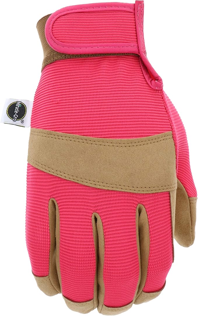 Miracle-Gro MG86205 General Utility Gloves – [Medium/Large], Synthetic Leather Padded Palm Gloves, Spandex Back, Adjustable Hook and Loop Wrist, 1 Count (Pack of 2)