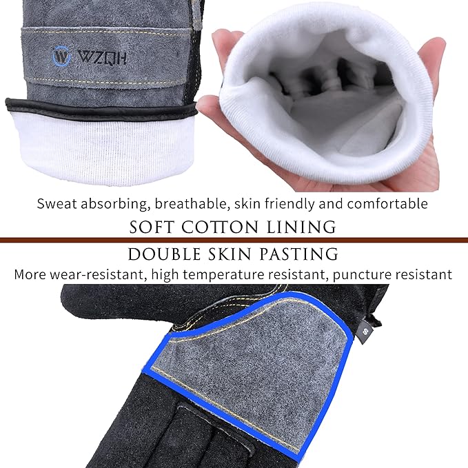 WZQH Leather Work Gloves for Men or Women. XX-Large Glove for Gardening, Tig/Mig Welding, Construction, Chainsaw, Farm, Ranch etc. Cowhide, Cotton Lined, Utility, Firm Grip, Durable. Grey-Black 2XL