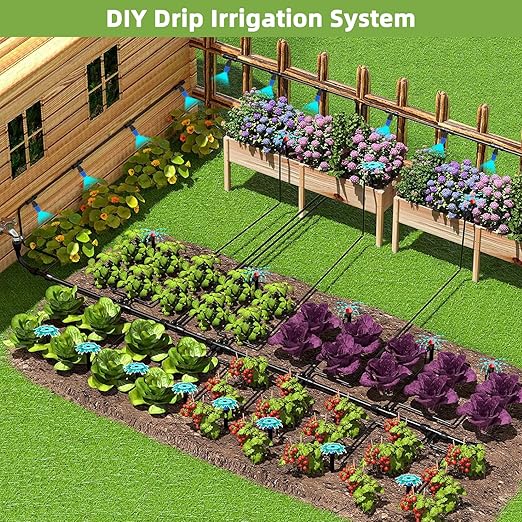 250FT Drip Irrigation System Kit, Automatic Garden Watering System with 1/2" Hose and 1/4" Distribution Tubing-Adjustable Nozzles & Sprinklers for Garden Irrigation, Yard, Lawn, Potted Plants。