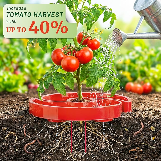 4 Sets Tomato Watering Ring, Aqua-Direct Red Tomato Halo for Vegetable Direct Root Irrigation, Cuts Runoff, Promotes Vigorous Plant Growth | Rapid-Stake Mount