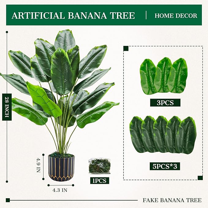 Der Rose 28" Bird of Paradise Artificial Plants Tropical Fake Potted Banana Tree Faux Plants Indoor and Outdoor for Home Office Living Room Porch Balcony Decor(DIY)