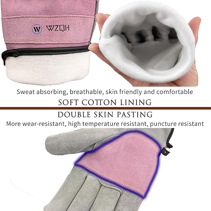 WZQH Leather Work Gloves for Men or Women. X-Large Glove for Gardening, Tig/Mig Welding, Construction, Chainsaw, Farm, Ranch, etc. Cowhide, Cotton Lined, Utility, Firm Grip, Durable. Pink-Grey XL