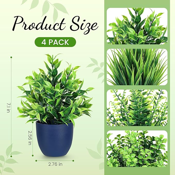 Der Rose 4 Pack Fake Plants Small Artificial Plants in Blue Pots Faux Plants Indoor for Home Kitchen Table Blue Bathroom Decor Accessories