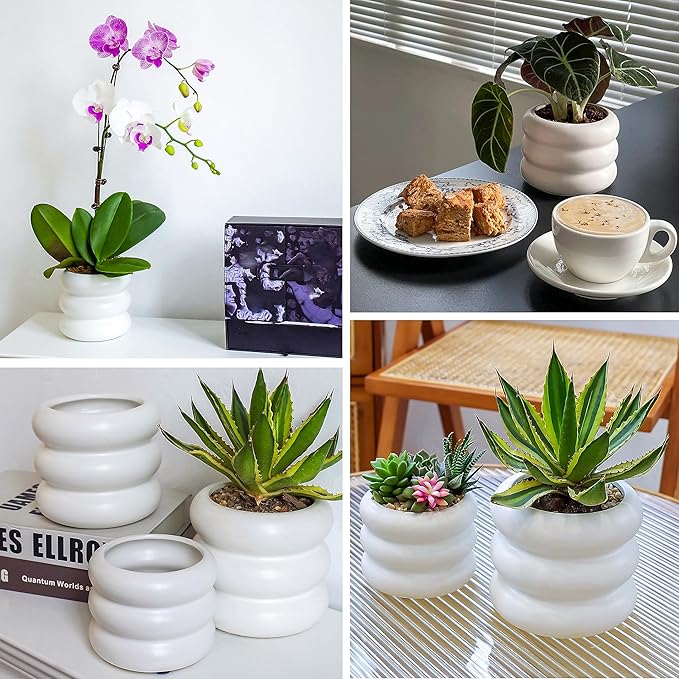 6.5 Inch Modern White Ceramic Planter Pot with Drainage Holes, Suitable for Indoor Plants, Cute Unique Planters for Home & Office Decor