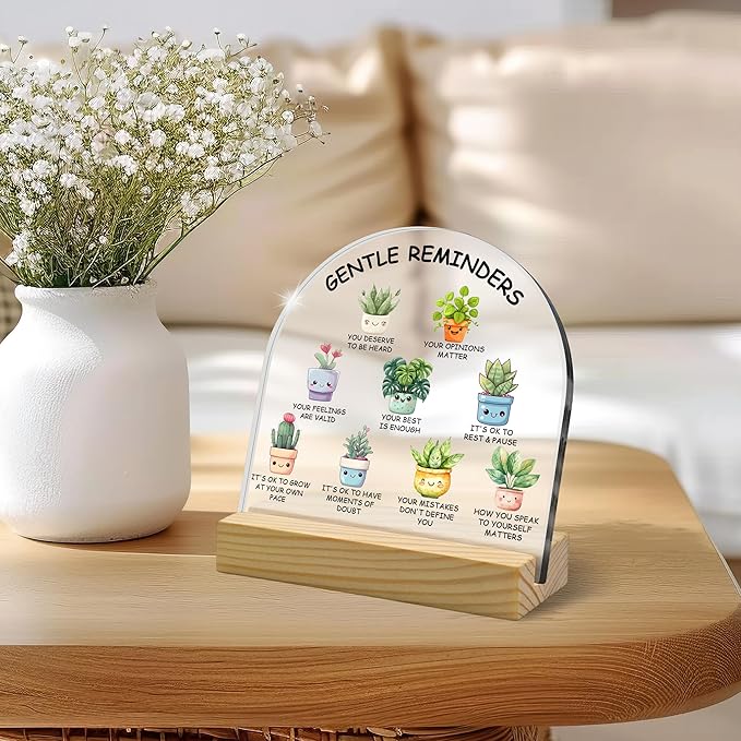 Gentle Reminders - Arched Shape Cute Potted Plants Motivational Acrylic Sign, Positivity Gifts for Family Friends Classmates Colleagues, Classroom Decorations Retirement Gift Green Desk Decoration