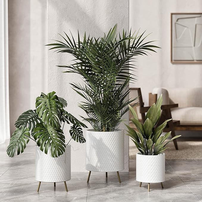 EverNest Claire Honeycomb Neutral Modern White Planter with Nyra Stand, Indoor Plant Pots, SelectBase, Mid-Century Modern, Boho Style Home Decor for Plants (Set of 3, Gold)