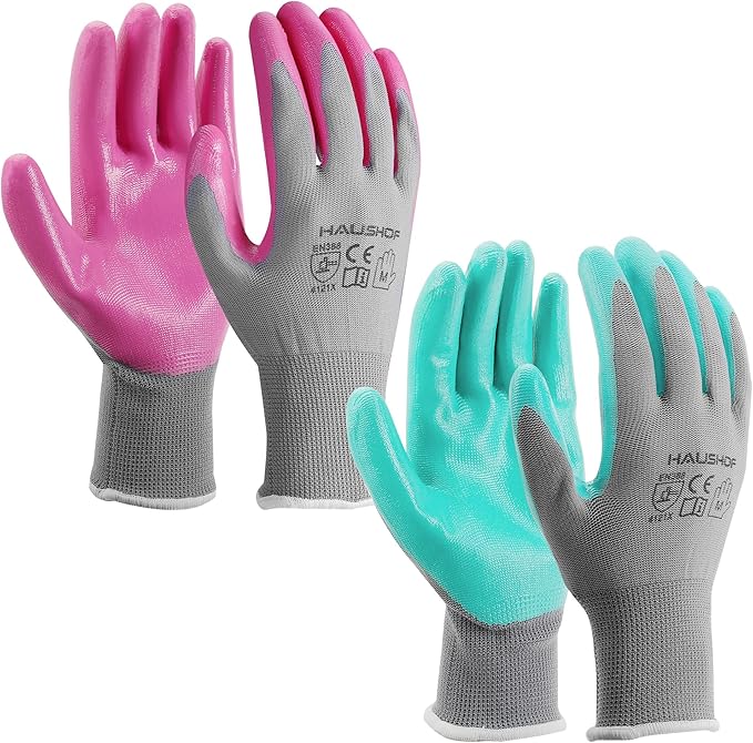 HAUSHOF Gardening Gloves for Women Ladies Thorn Proof 6-Pairs Work Gloves, Women's Breathable Garden Gloves Nitrile Coated with Texture for Yard Work, Pink & Green Large Size