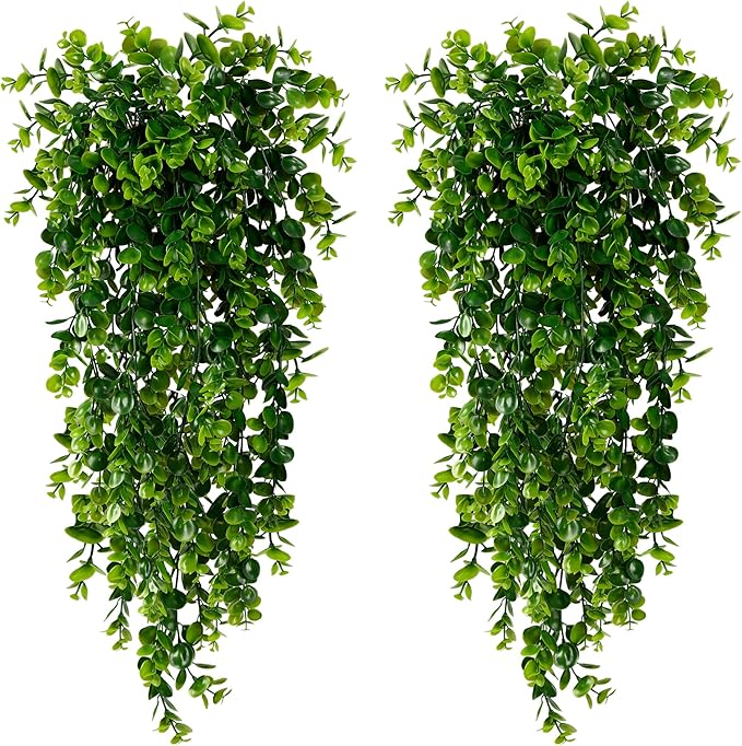 Sggvecsy 6 Pack Artificial Hanging Plants Fake Hanging Plant Faux Hanging Eucalyptus UV Resistant Plastic Plants for Indoor Outdoor Room Wall Wedding Patio Porch Decor
