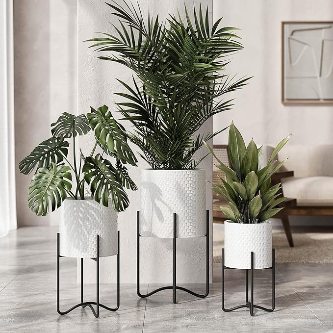 EverNest Claire Mid-Century Modern White Plant Pot with Ambrose Stand, SelectBase, Indoor Plant Pot, Bohemian Style, Minimalist Plant Home Décor (Large, Black)