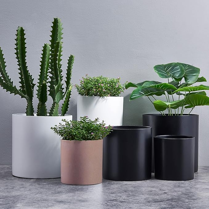 FaithLand 10 Inch Fiberstone Planter - Lightweight Modern Cylinder Plant Pot with Drainage Hole & Plug, Indoor Outdoor Use, Terracotta Color