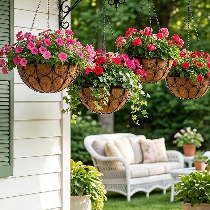4 Pack 14 Inch Hanging Planters for Outdoor Plants，Large Wire Flower Hanging Basket with Coco Liners for Balconies, Patios, Porch, Terraces Decor