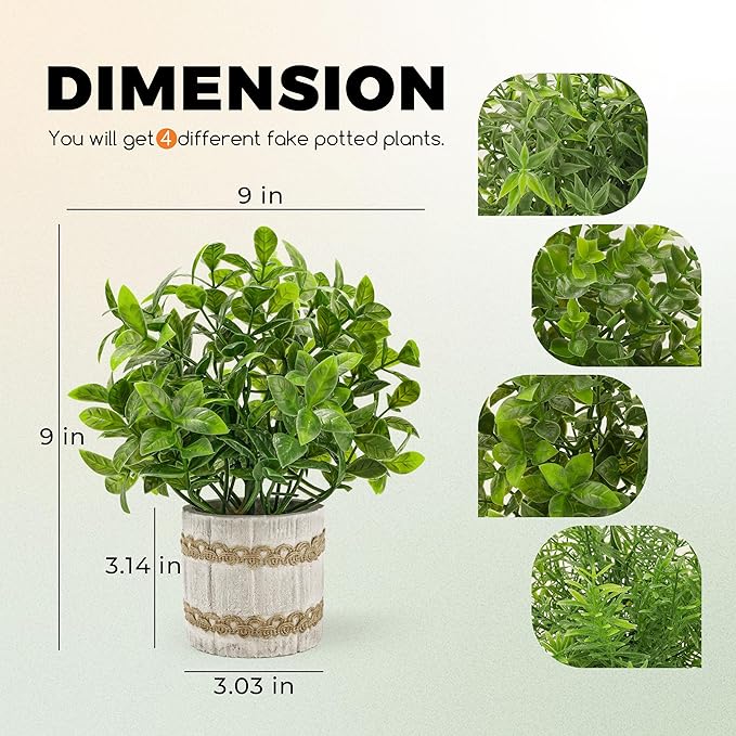 Der Rose 4 Pack Small Fake Plants Indoor Mini Artificial Plants for Home Office Farmhouse Decor Bathroom Bedroom Kitchen Desk Decor