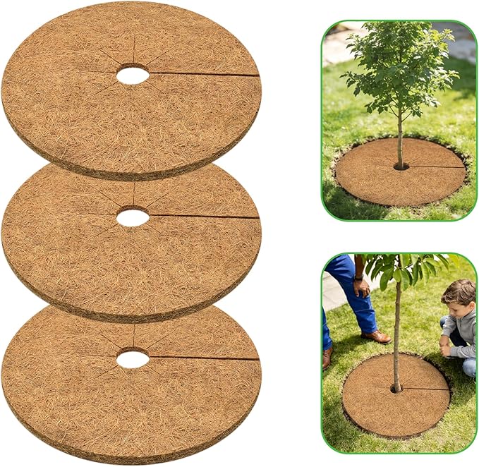 ZeeDix 3 Pack Coconut Fiber Mulch Ring, 24 Inch Coco Coir Tree Ring Mulch Mat, 100% Natural Tree Protector Mat Plant Cover Ring Coconut Coir Discs Tree Mats Mulch Rings for Indoor Outdoor Trees Plants