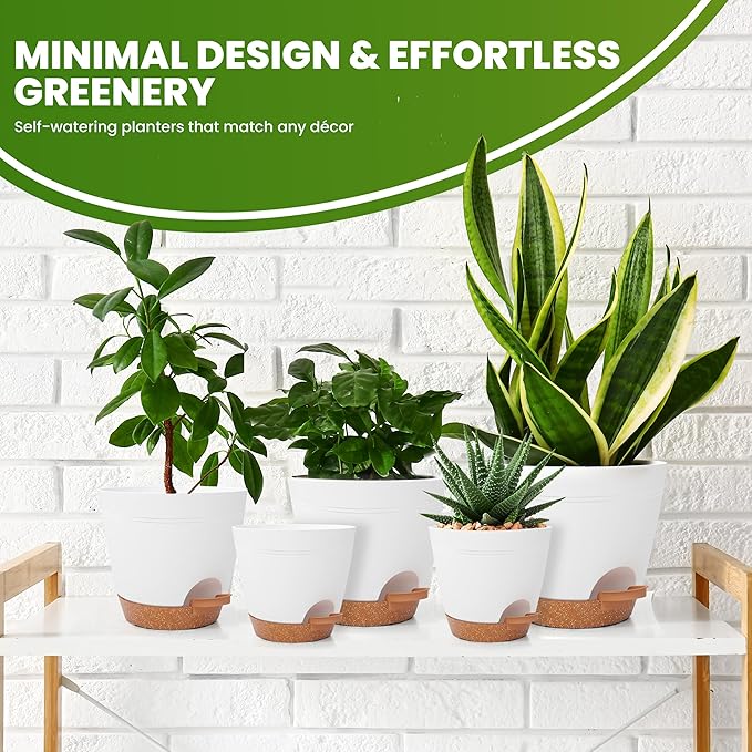 Utopia Home Self Watering Pots for Indoor Plants, Planters for Indoor Plants, Multi-Size Flowerpot, Set of 5 Plant Pots with Drainage & Reservoir, 6.8"/6.4"/5.9"/5.5"/4.9" (White)