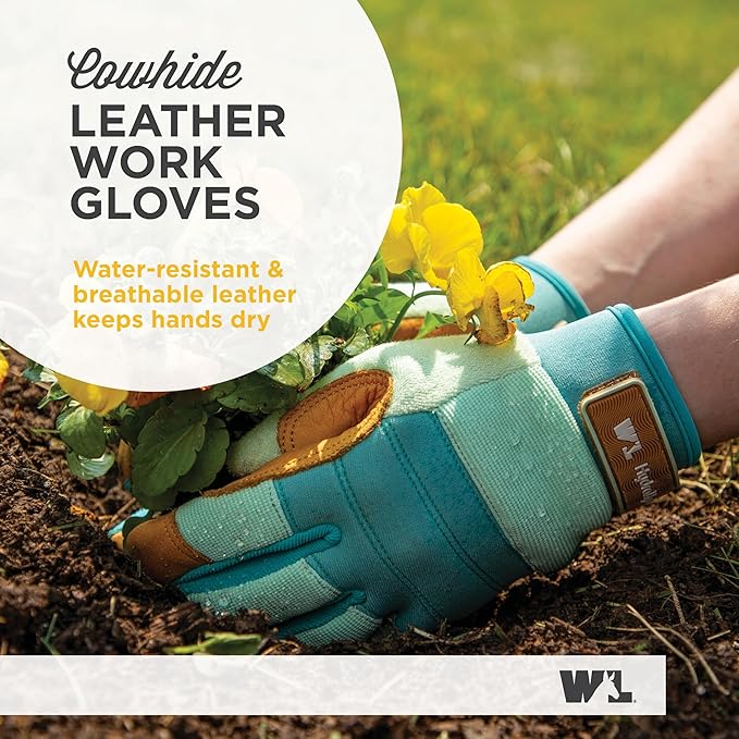 Wells Lamont Women's HydraHyde Leather Hybrid Gloves – Water-Resistant, Durable Cowhide Palm, Spandex Stretch Back – Ideal Landscaping/Farming/Gardening Gloves – Adjustable Wrist– Medium, Blue (3250M)