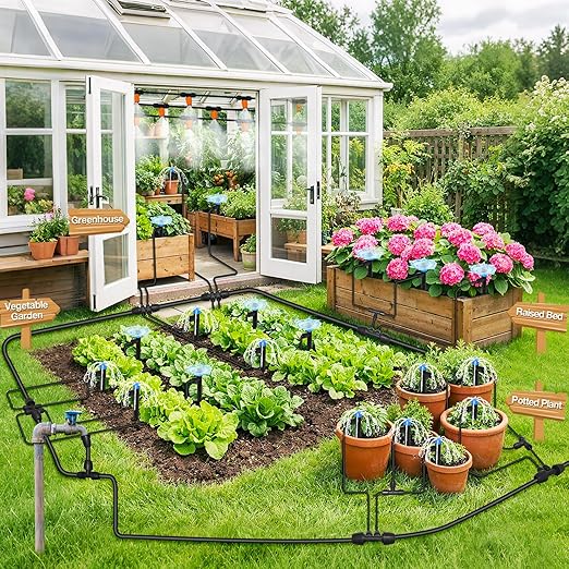 MIXC 250FT Drip Irrigation System Kit, Quick-Connect Garden Misting Watering System with 1/2” 1/4” Tubing Adjustable Nozzles Sprinklers for Indoor Outdoor Garden Potted Plant Lawn Greenhouse