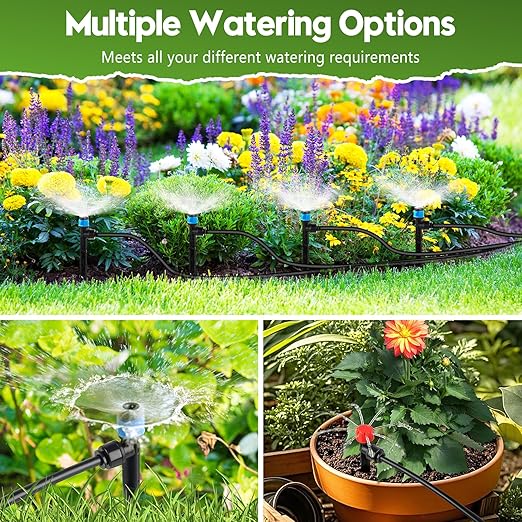 100FT Drip Irrigation System Kit, Automatic Garden Watering System Quick-Connect Adjustable Sprinklers for Raised Garden Beds, Greenhouse, Yard, Lawn, Plant with 1/2" & 1/4" Tubing and Accessories