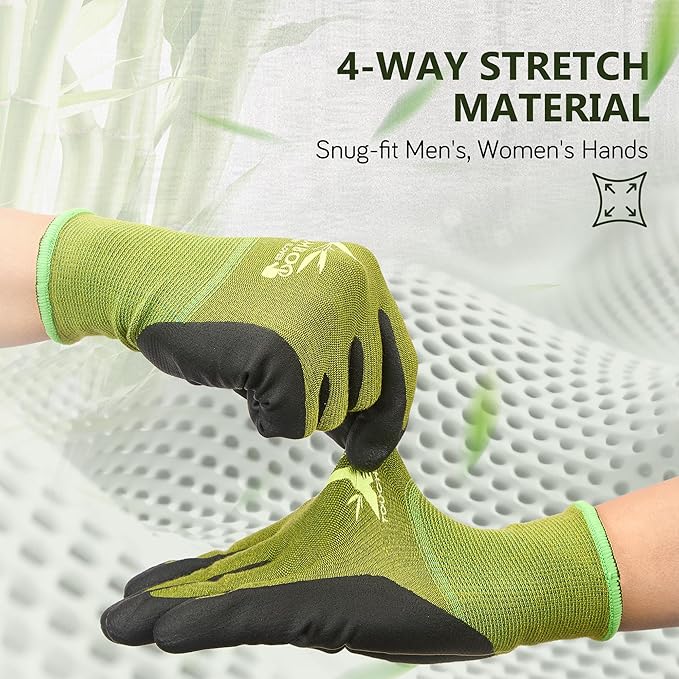 COOLJOB 2 Pairs Gardening Gloves for Women and Men, Bamboo Working Gloves Touchscreen, Grippy Nitrile Rubber Coated Work Gloves, Green/Black, X-Large Size (2 Pairs XL)