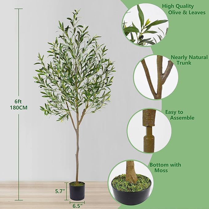 Warmplants Artificial Olive Tree, 6ft Tall Fake Olive Leaves Plant with Basket, Indoor Outdoor Faux Olive Topiary Silk Tree for Home Livingroom Office Décor