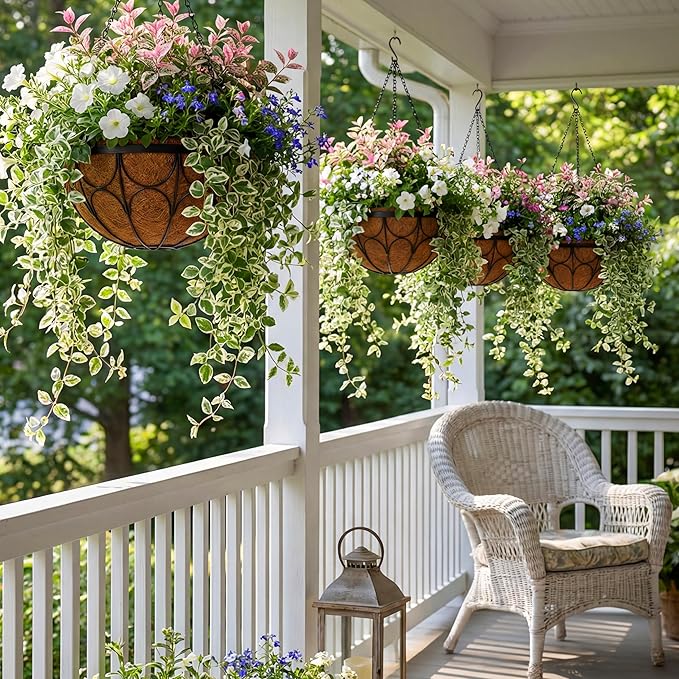 4 Pack 14 Inch Hanging Planters for Outdoor Plants，Large Wire Flower Hanging Basket with Coco Liners for Balconies, Patios, Porch, Terraces Decor