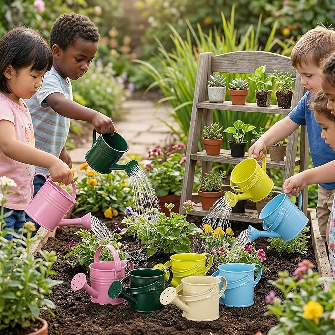 Kids Metal Watering Can for Gardening, 5pack Small Iron Watering Can for Succulents Houseplants Bonsai, Mini Water Pot for Children Sprinkling Bucket (Mixed Style: Pink, Green, Yellow, Beige, Blue)