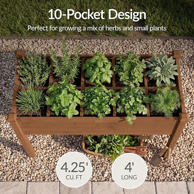 Best Choice Products Raised Herb Garden Bed Planter Box - Elevated Wooden Planter with 10 Grid Growing Compartments, Drainage Holes, Vegetable Flower Garden Box for Patio Balcony Backyard - Acorn