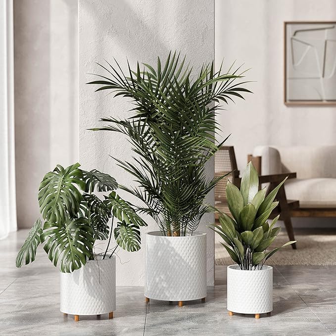 EverNest Claire Modern Indoor Plant Pot with Stand, White Pattern, 12 Inch, SelectBase, Neutral Mid-Century Modern Style, Metal Home Decor Planter (Large, 3 Gallon)