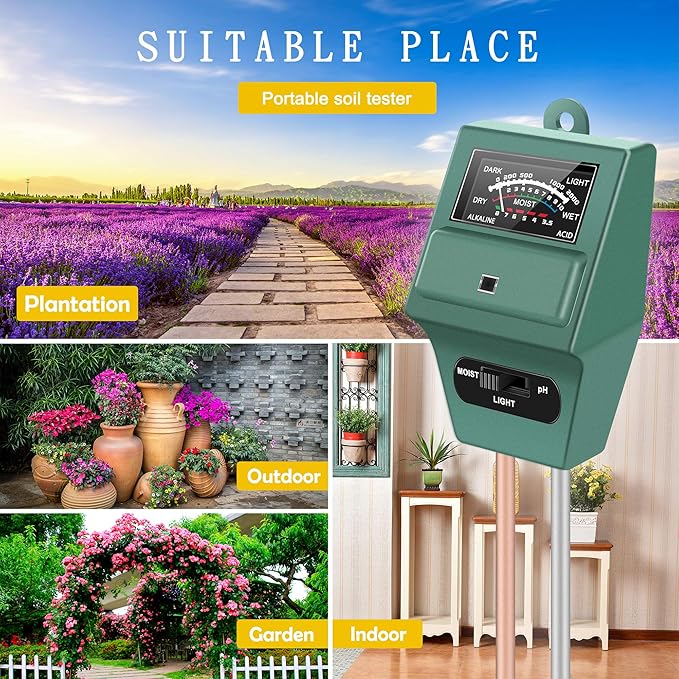 SDTOGLIU Soil Moisture Sunlight Ph Test Meter,Soil Tester Meter, 3-in-1 Test Kit for Moisture, Light & pH, for Home and Garden, Lawn, Farm, Plants, Herbs & Gardening Tools, Indoor/Outdoors Plant Care