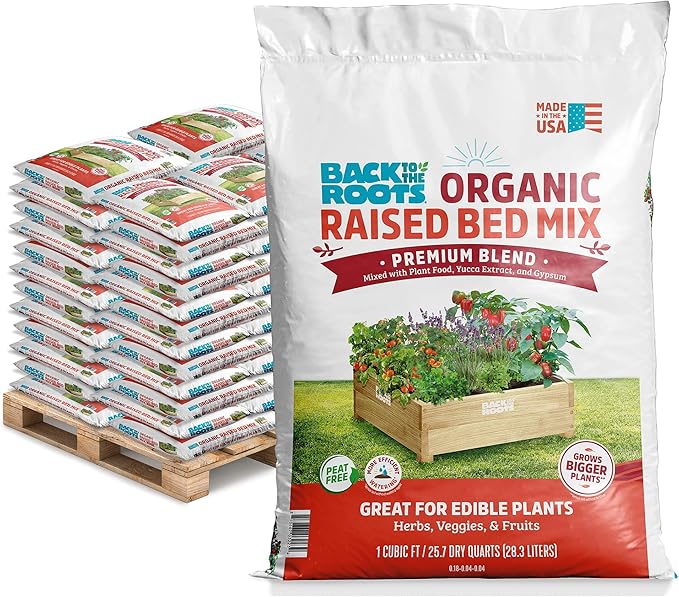 Back to The Roots 100% Organic Raised Bed Soil, Fills 8' x 4' Garden Bed, 60 cu ft, Made in USA, Peat-Free