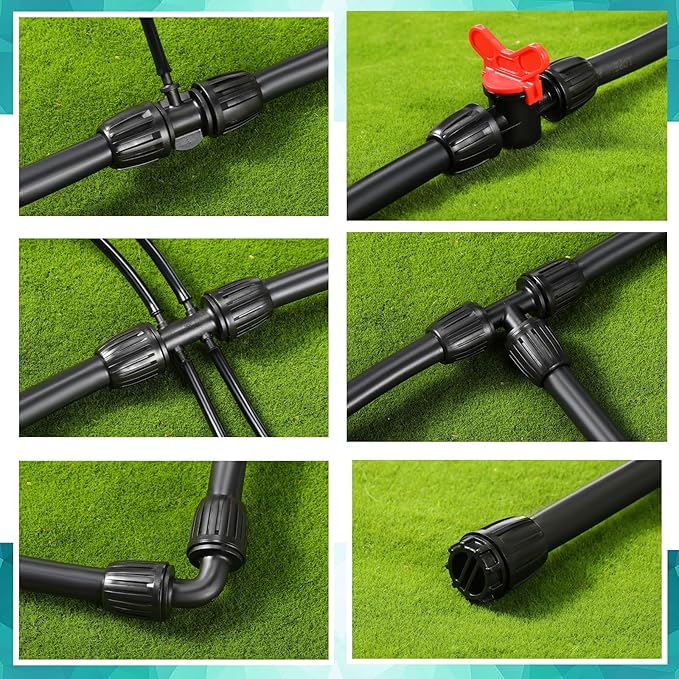 Glooglitter 40 Pcs 1/2" Tubing Irrigation Fittings Kit 1/2 ID x 0.6-0.63 OD 16 mm Drip Irrigation Barbed Connectors Include 6 Switch Valves 18 Barbed Tee 8 Ends 4 Adapters 4 Elbows (Black and Green)