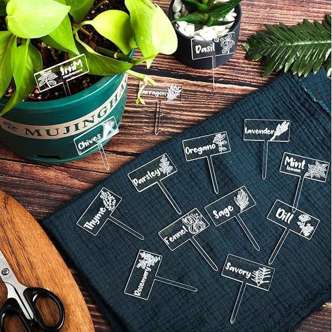 Bucherry 15 Pcs Acrylic Plant Label Signs, Clear Herb Markers T Type with Printed Herb Name Waterproof Plant Marker Stakes for Indoor Outdoor Seed Flowerpot Potted(Acrylic)