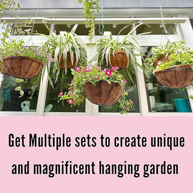 LaLaGreen Hanging Planters with Coco Liners (10 Pack, 12 Inch) Hanging Baskets for Plant Outdoor Hanging Plant Pot Flower Metal Wire Round Holder Hanger Hook Chain Deck Porch Garden Balcony Boho Decor