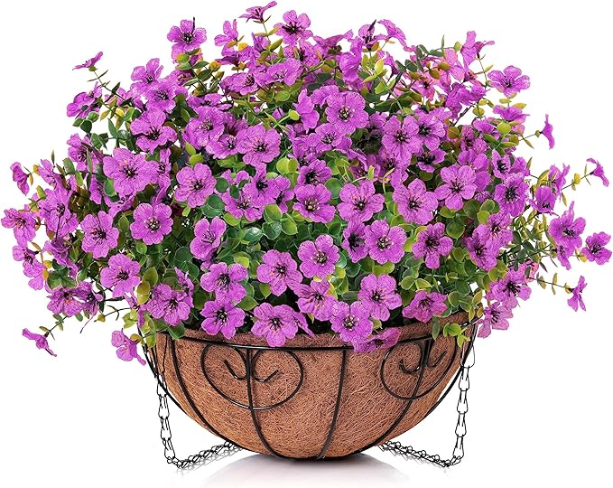 HyeFlora Artificial Fake Hanging Plants Flowers Basket for Outdoor Outside Porch Spring Decoration, Faux Silk Purple Daisy Realistic UV Resistant in Planter for Home Patio Balcony Garden Yard