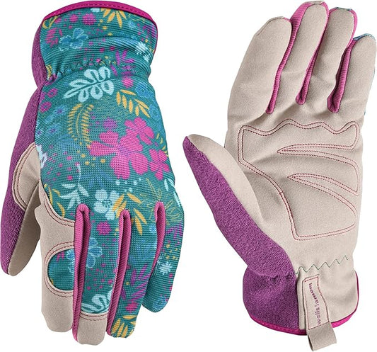 Wells Lamont Women's Botanical Print Slip-On High Dexterity Work and Gardening Gloves, Large (7753L)