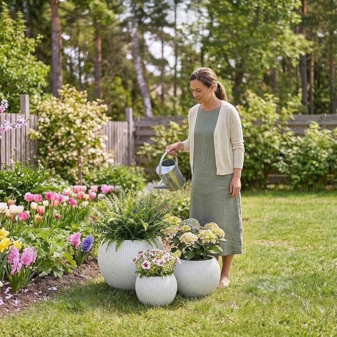 DTY Mount Sherman 12.6" D x 10'' H (Pot Opening 8.5") Fiberstone Round Planter with Drainage Hole, Smooth Finishes, Weather Resistant for Indoor and Outdoor, 2 Extra Coco Mats - White Ribbed,Small